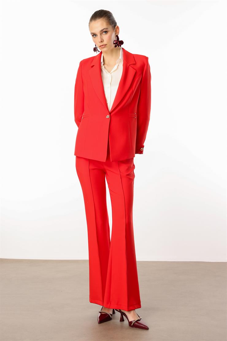 Modailgi  Metal Aksesuar Detaylı Tek Düğmeli Yarım Astarlı Ceket Mercan