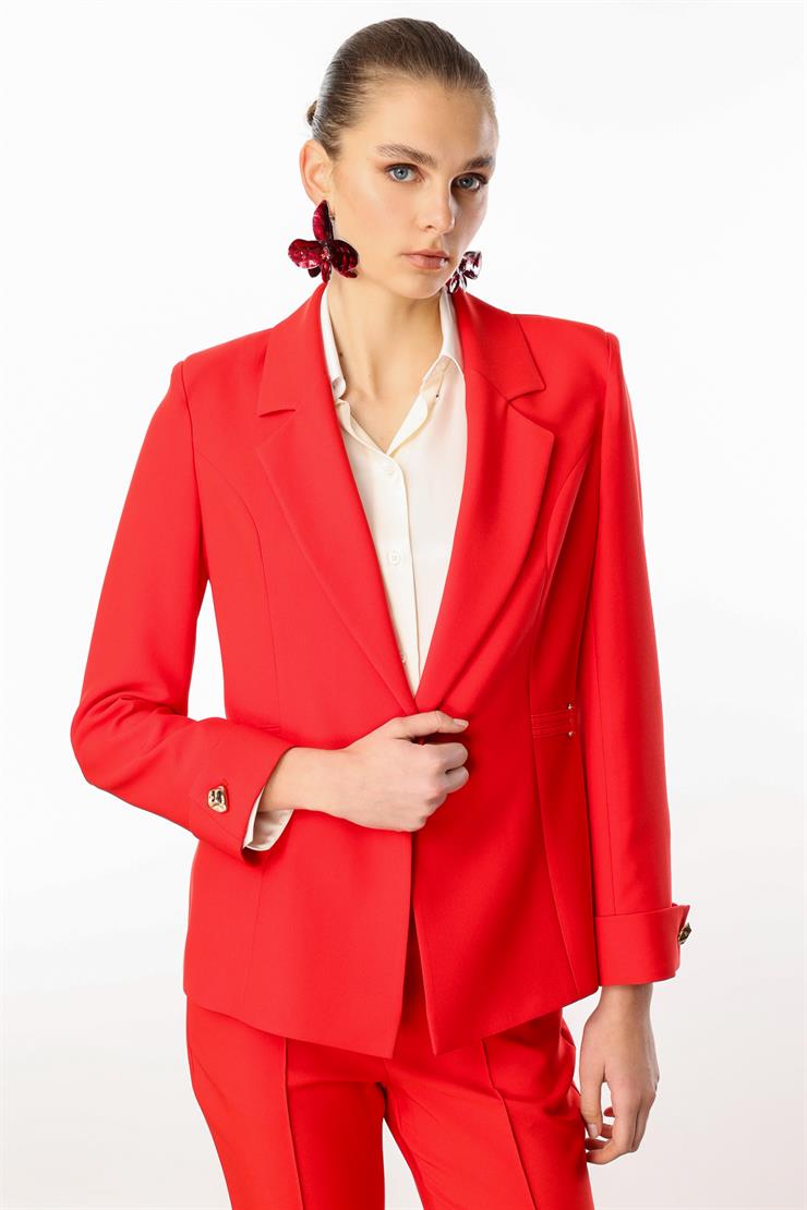 Modailgi  Metal Aksesuar Detaylı Tek Düğmeli Yarım Astarlı Ceket Mercan