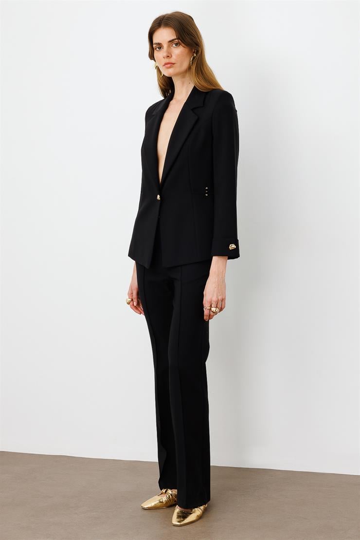 Modailgi  Metal Aksesuar Detaylı Tek Düğmeli Yarım Astarlı Ceket Siyah