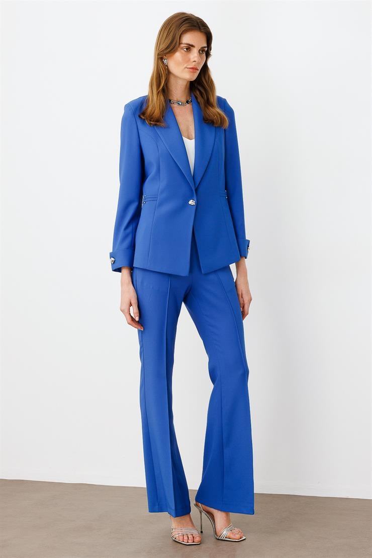 Modailgi  Metal Aksesuar Detaylı Tek Düğmeli Yarım Astarlı Ceket Mavi