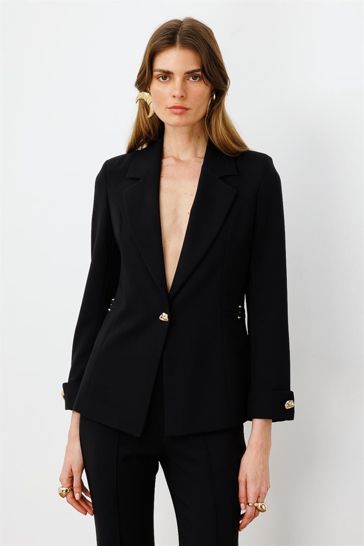 Modailgi  Metal Aksesuar Detaylı Tek Düğmeli Yarım Astarlı Ceket Siyah