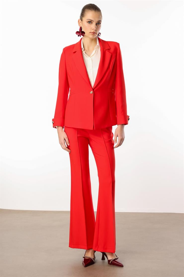 Modailgi  Metal Aksesuar Detaylı Tek Düğmeli Yarım Astarlı Ceket Mercan