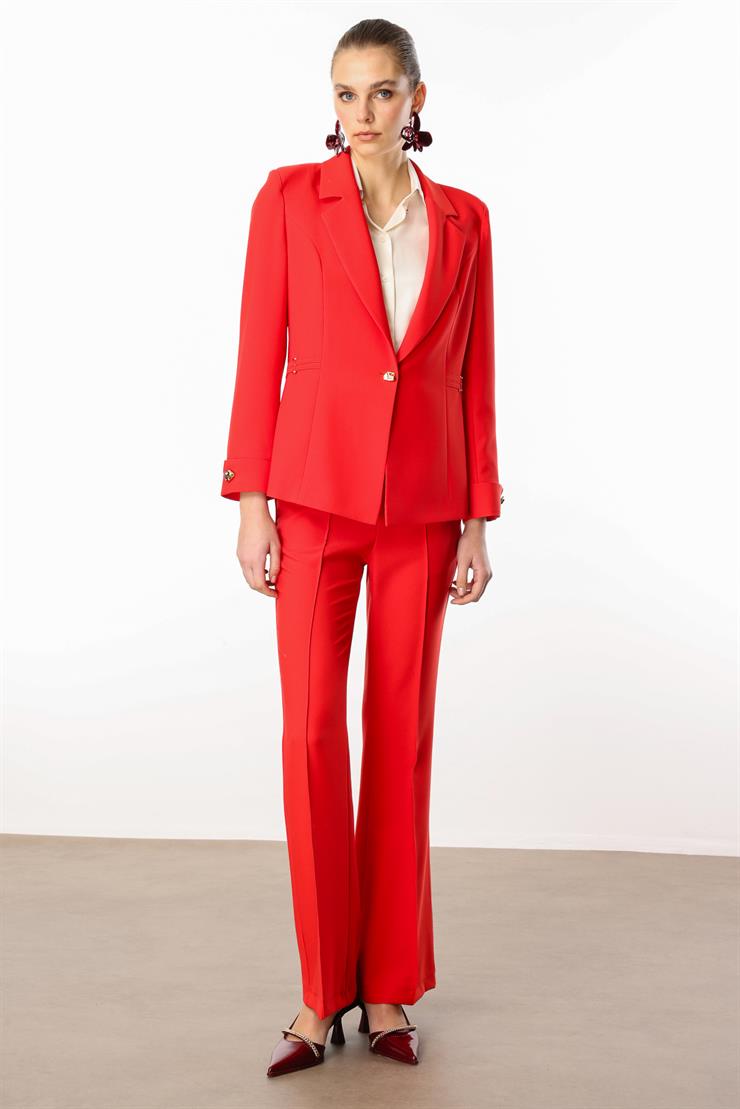 Modailgi  Metal Aksesuar Detaylı Tek Düğmeli Yarım Astarlı Ceket Mercan