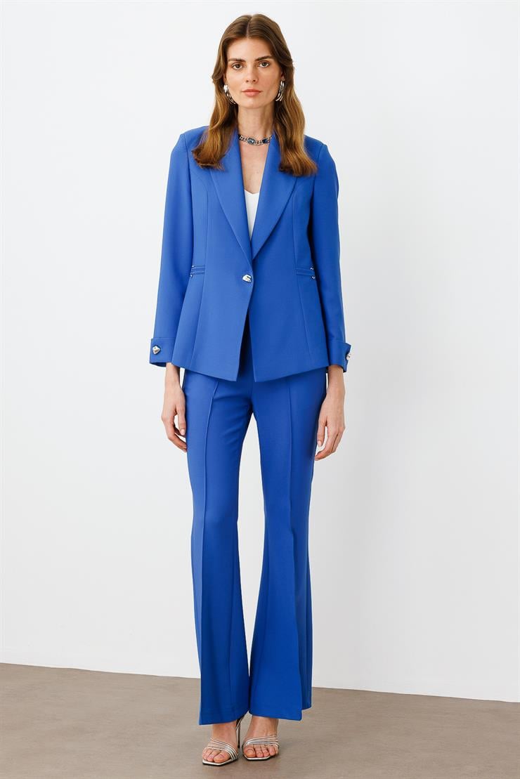 Modailgi  Metal Aksesuar Detaylı Tek Düğmeli Yarım Astarlı Ceket Mavi