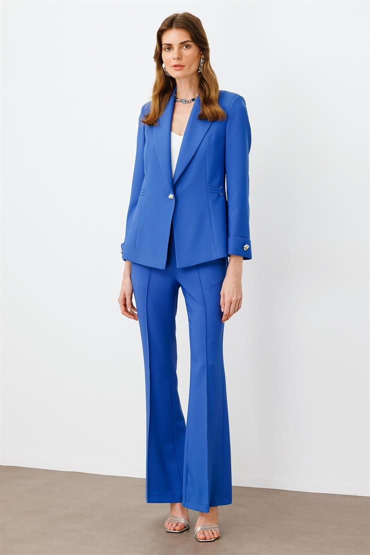 Modailgi  Metal Aksesuar Detaylı Tek Düğmeli Yarım Astarlı Ceket Mavi