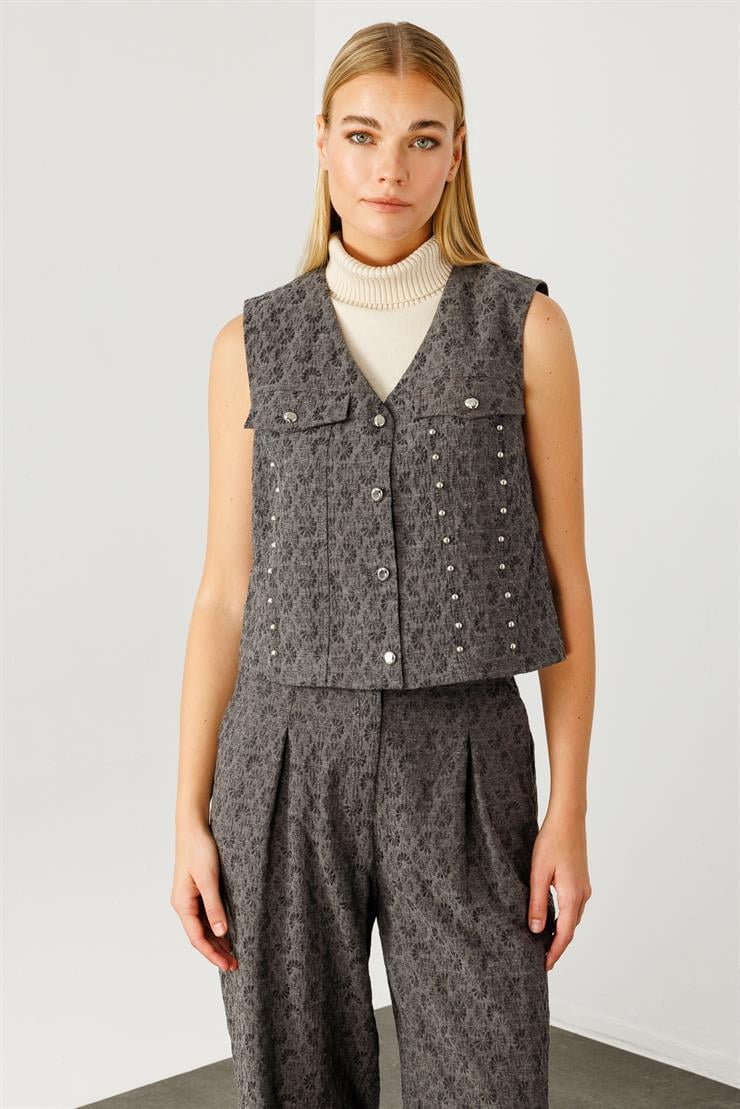 Modailgi  Metal Aksesuarlı Jakar Kumaşlı Yelek Gri