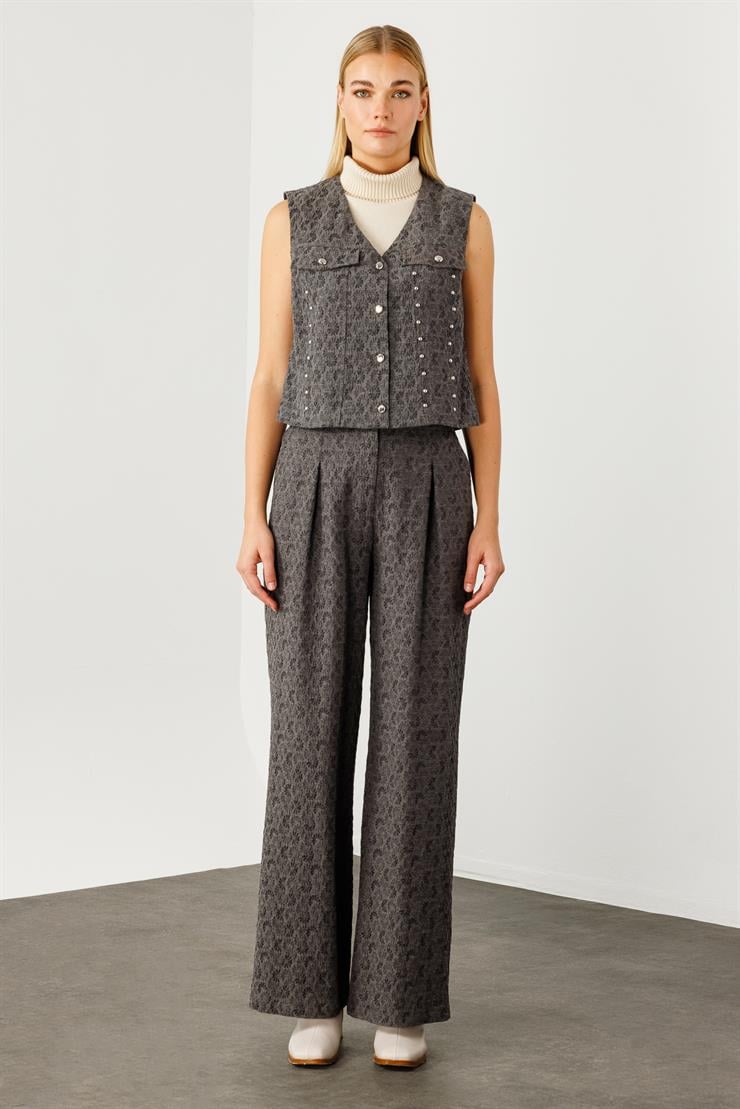 Modailgi  Metal Aksesuarlı Jakar Kumaşlı Yelek Gri