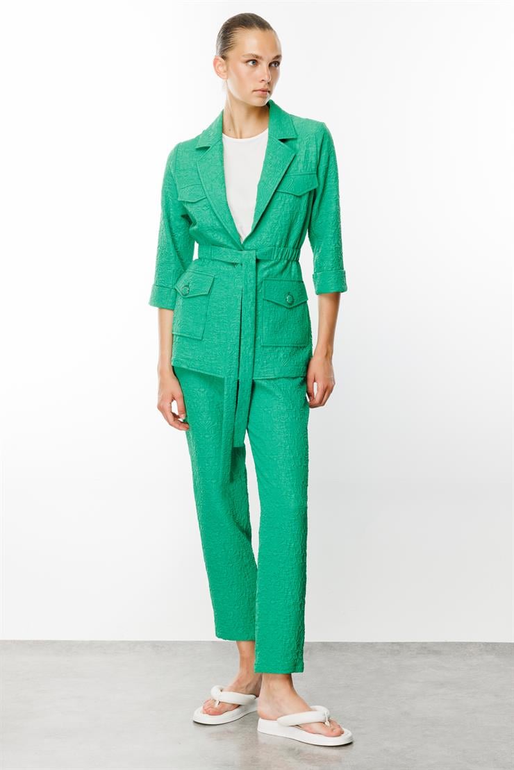 Modailgi  Mono Yaka Belden Kuşaklı Gofreli İkili Tunik Yeşil