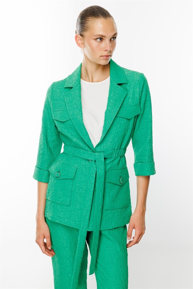 Modailgi  Mono Yaka Belden Kuşaklı Gofreli İkili Tunik Yeşil