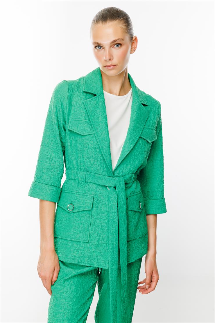 Modailgi  Mono Yaka Belden Kuşaklı Gofreli İkili Tunik Yeşil