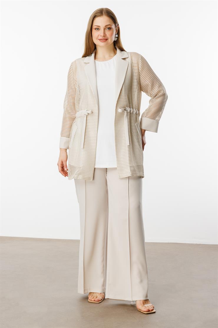 Modailgi  Mono Yaka Beli Büzgülü File Kumaş İkili Takım Taş