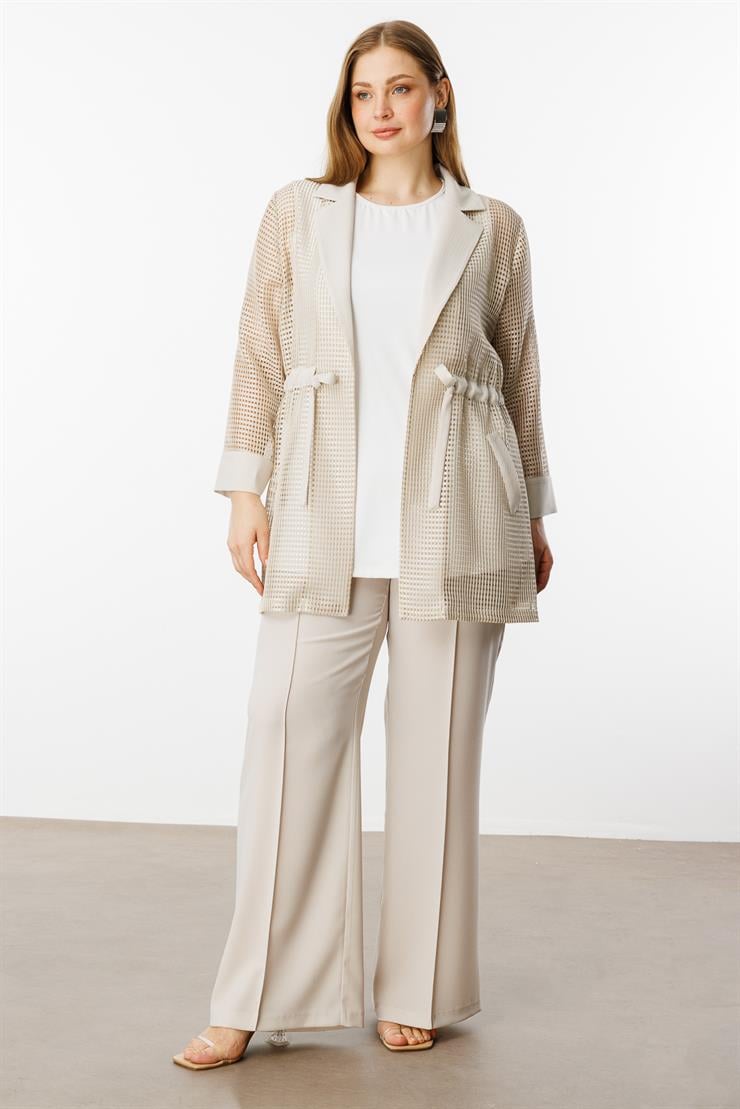 Modailgi  Mono Yaka Beli Büzgülü File Kumaş İkili Takım Taş