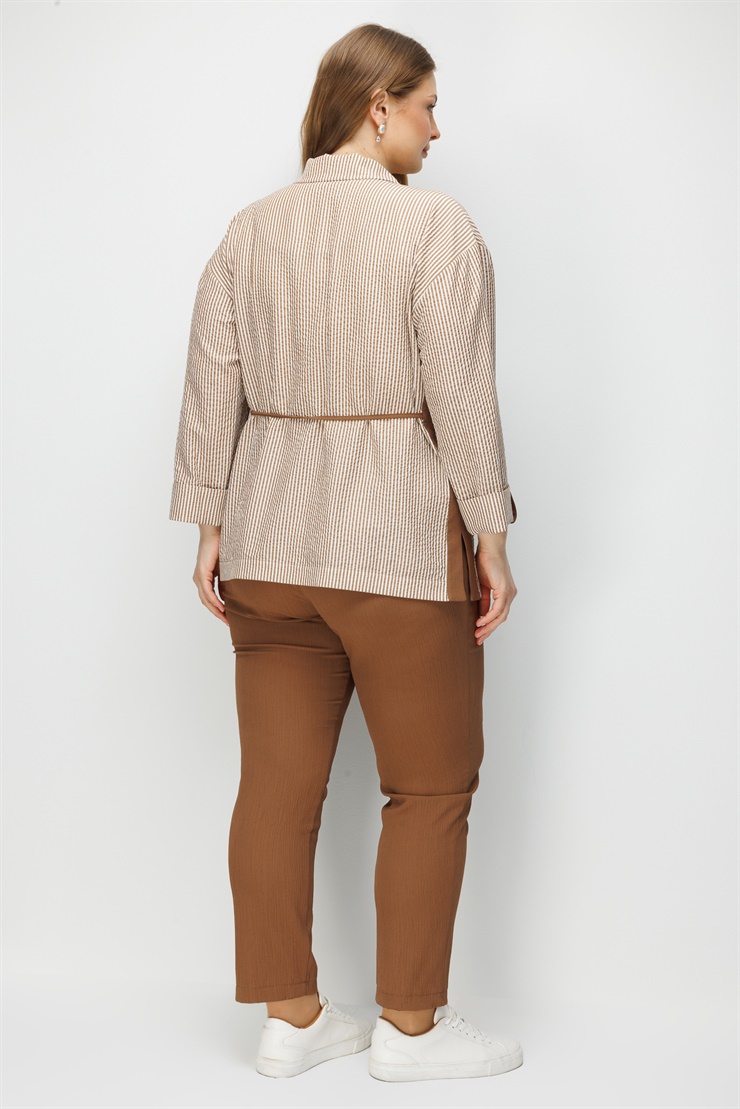 Modailgi  Mono Yaka Beli Büzgülü Kolu Apoletli Çizgili Ceket - 30118 Kahve