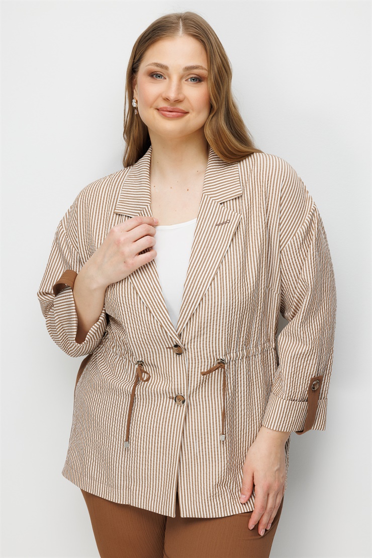 Modailgi  Mono Yaka Beli Büzgülü Kolu Apoletli Çizgili Ceket - 30118 Kahve