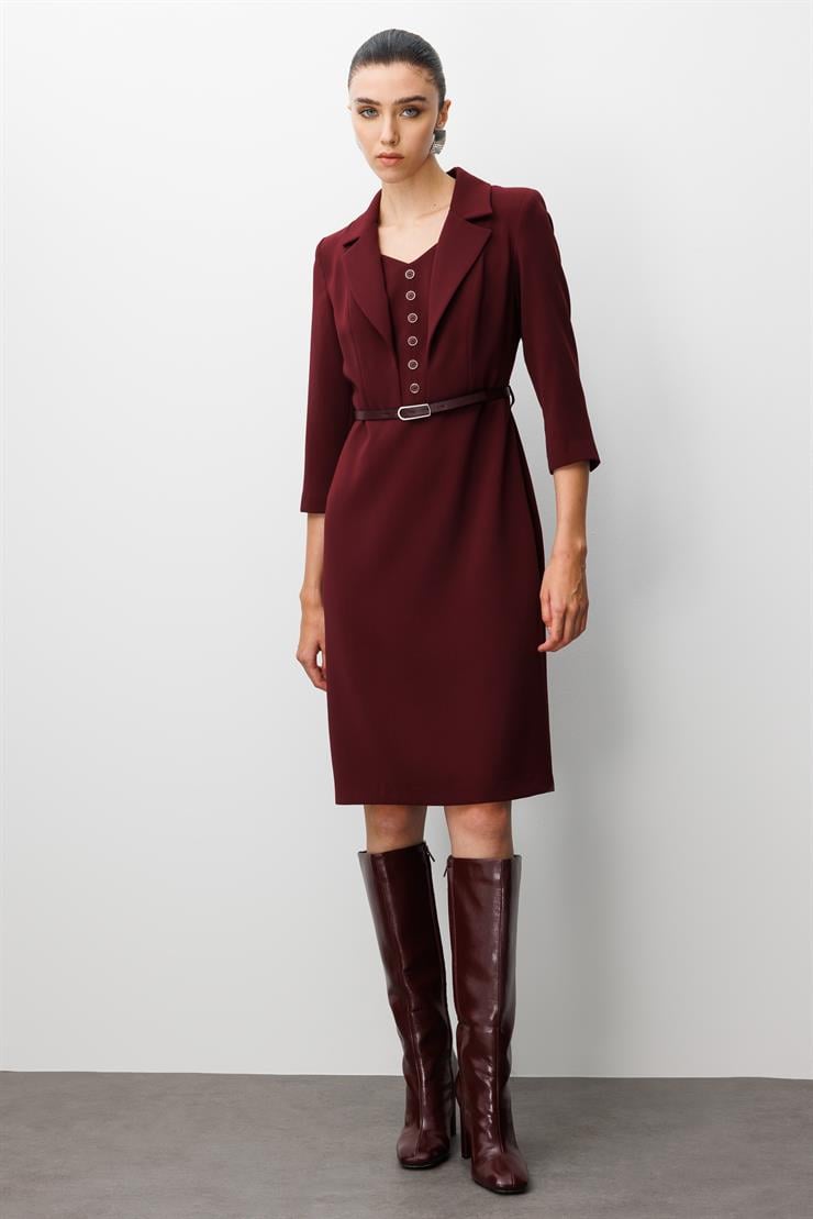 Modailgi  Mono Yaka Beli Kesik Ve Kemer Aksesuarlı Truvakar Kol Elbise Bordo