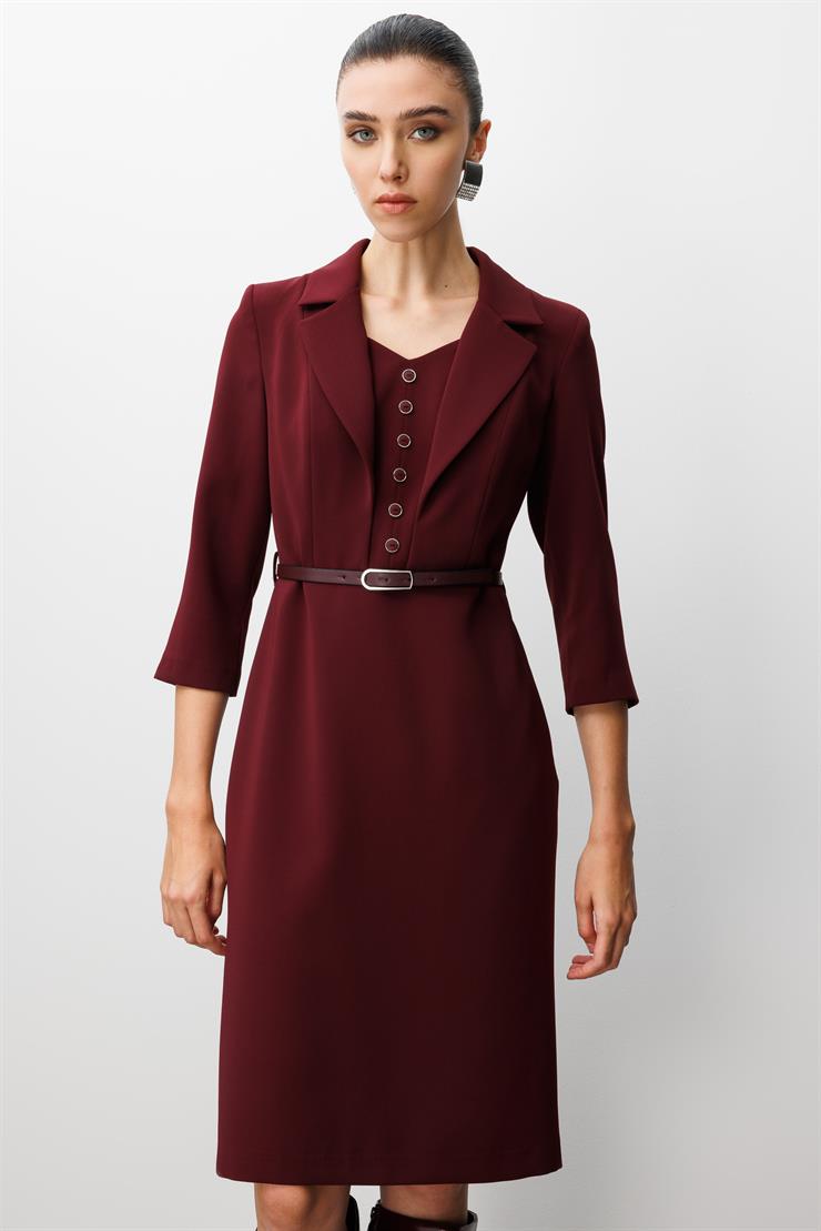 Modailgi  Mono Yaka Beli Kesik Ve Kemer Aksesuarlı Truvakar Kol Elbise Bordo