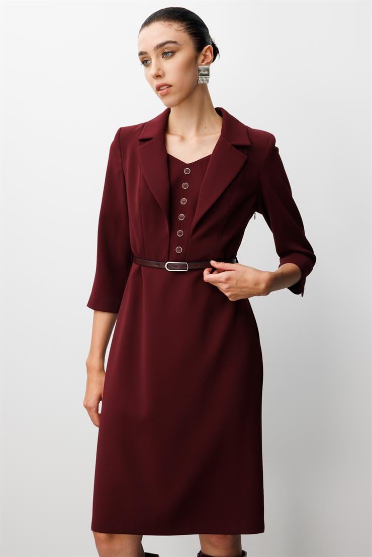 Modailgi  Mono Yaka Beli Kesik Ve Kemer Aksesuarlı Truvakar Kol Elbise Bordo