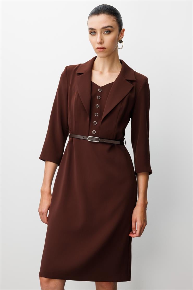 Modailgi  Mono Yaka Beli Kesik Ve Kemer Aksesuarlı Truvakar Kol Elbise Kahve