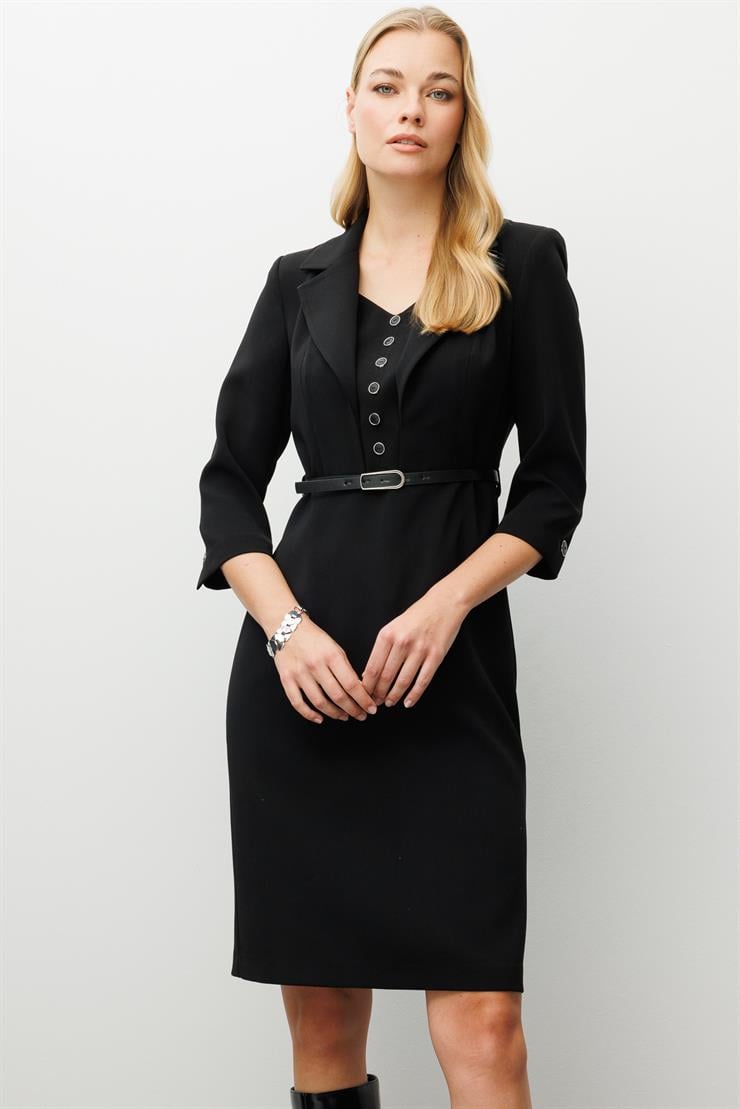 Modailgi  Mono Yaka Beli Kesik Ve Kemer Aksesuarlı Truvakar Kol Elbise Siyah