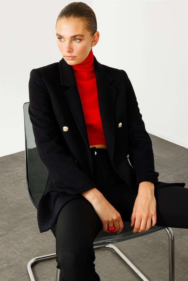 Modailgi  Mono Yaka Cep Kapaklı Uzun Ceket Siyah