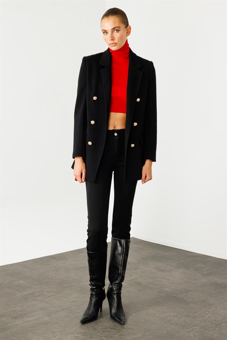 Modailgi  Mono Yaka Cep Kapaklı Uzun Ceket Siyah