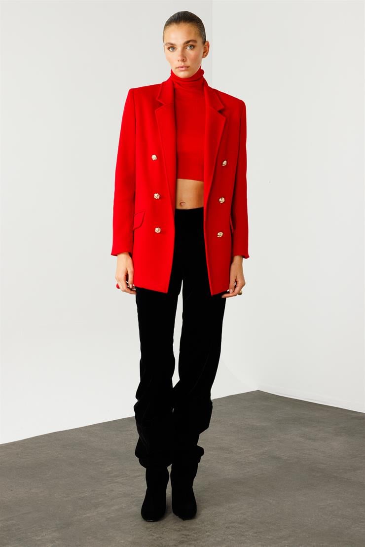 Modailgi  Mono Yaka Cep Kapaklı Uzun Ceket Kırmızı