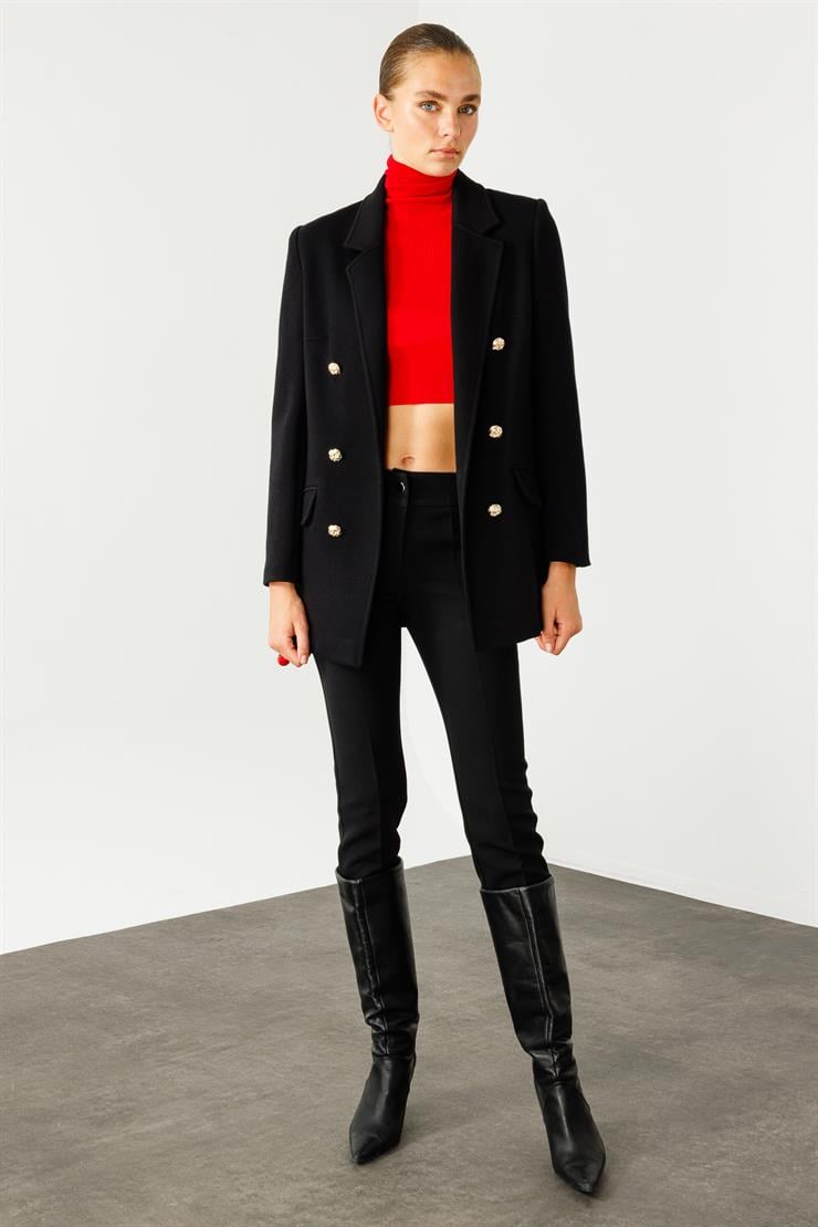 Modailgi  Mono Yaka Cep Kapaklı Uzun Ceket Siyah