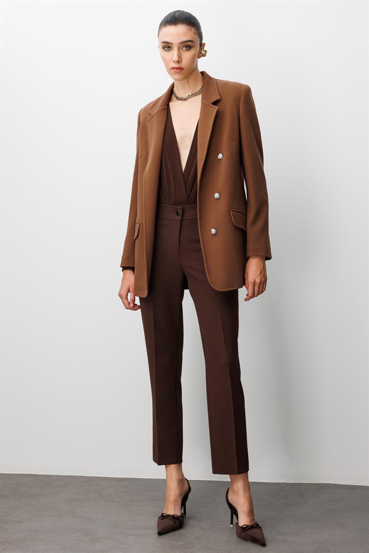 Modailgi  Mono Yaka Cep Kapaklı Uzun Ceket Kahve