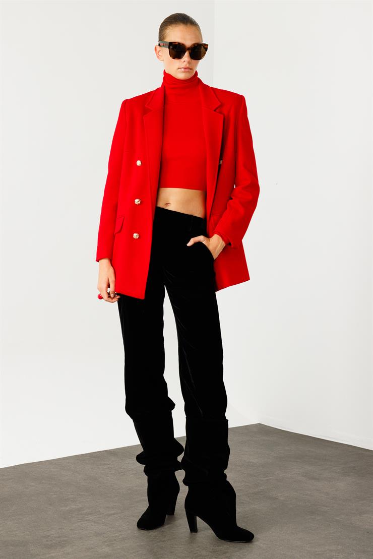 Modailgi  Mono Yaka Cep Kapaklı Uzun Ceket Kırmızı