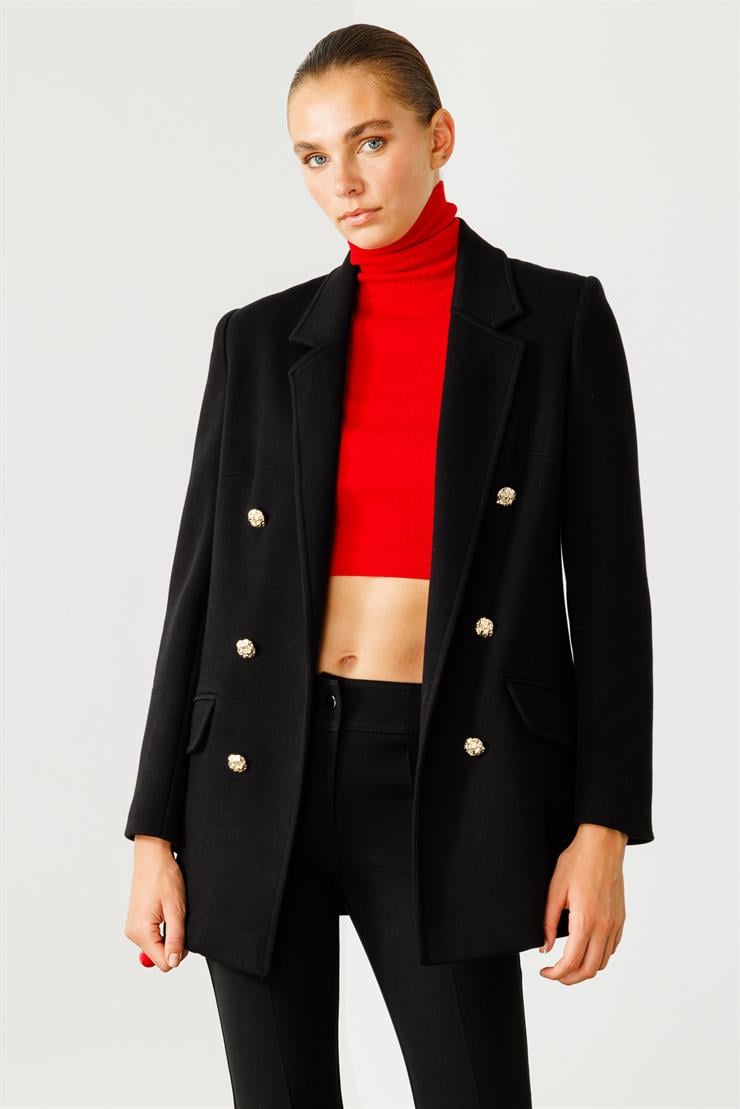 Modailgi  Mono Yaka Cep Kapaklı Uzun Ceket Siyah