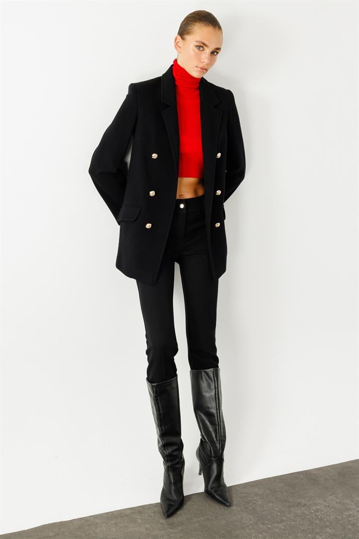 Modailgi  Mono Yaka Cep Kapaklı Uzun Ceket Siyah