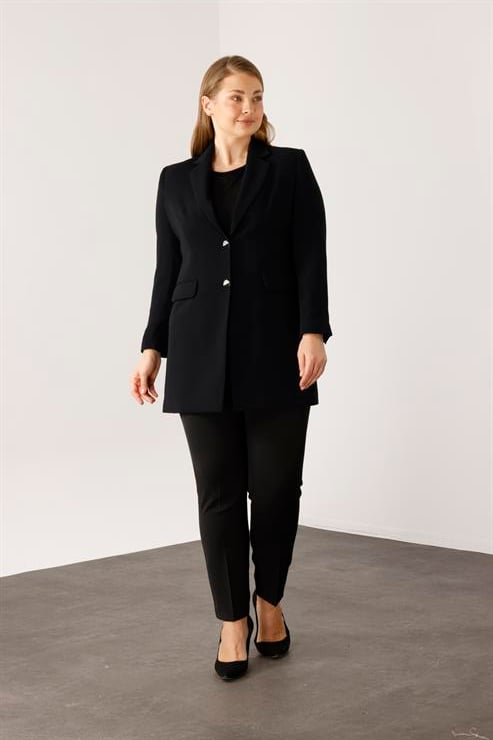 Modailgi  Mono Yaka Çift Düğme Uzun Ceket Siyah