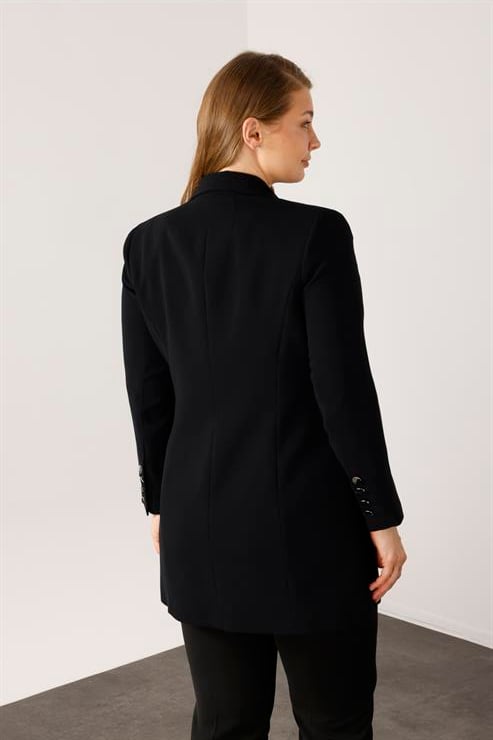 Modailgi  Mono Yaka Çift Düğme Uzun Ceket Siyah