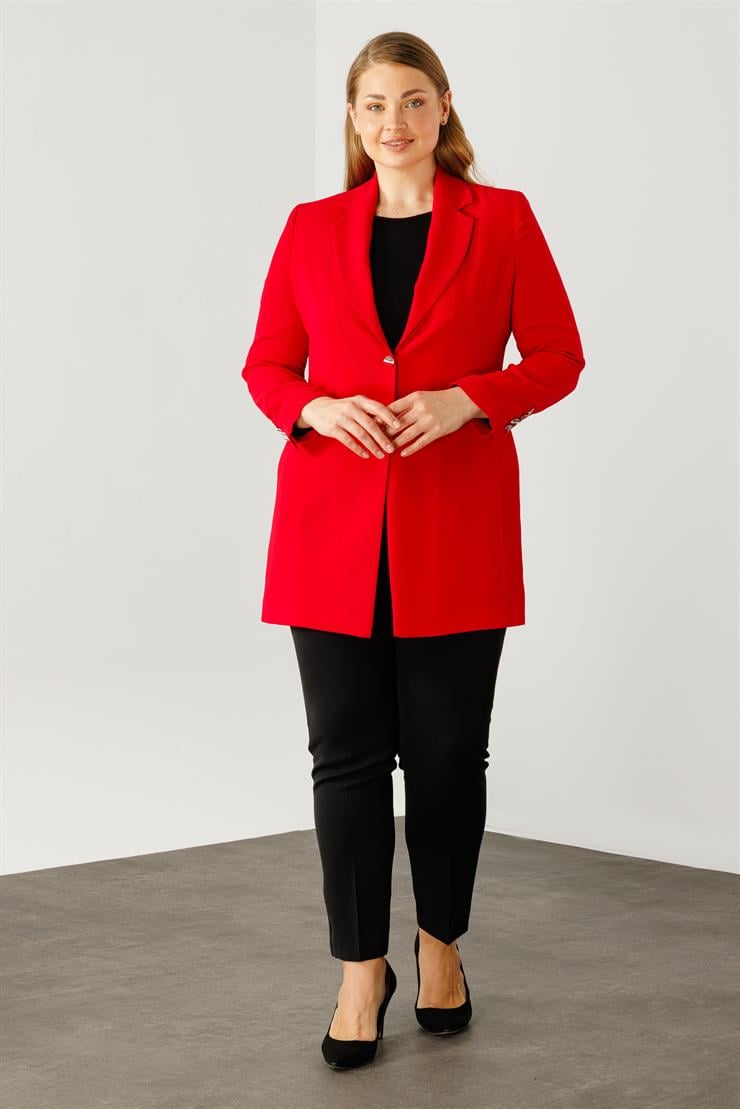 Modailgi  Mono Yaka Çift Düğme Uzun Ceket Kırmızı