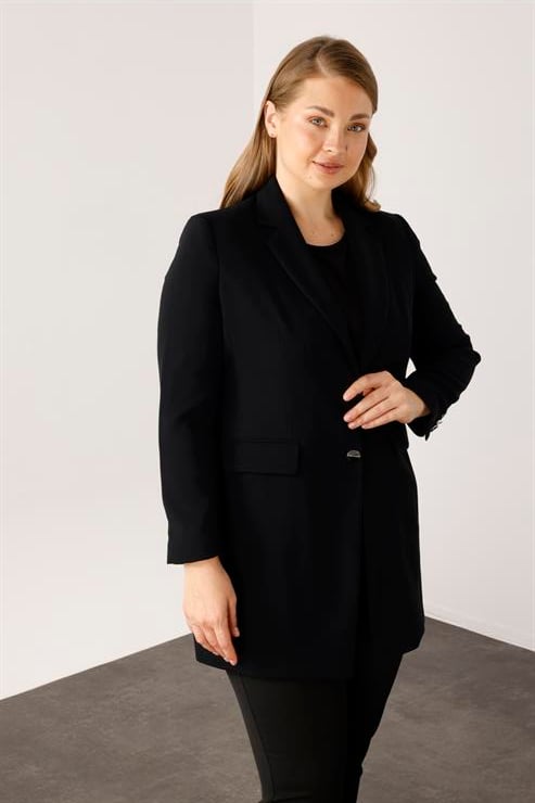 Modailgi  Mono Yaka Çift Düğme Uzun Ceket Siyah