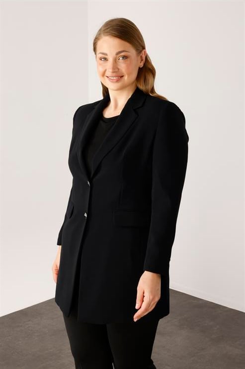Modailgi  Mono Yaka Çift Düğme Uzun Ceket Siyah