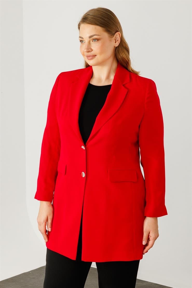 Modailgi  Mono Yaka Çift Düğme Uzun Ceket Kırmızı