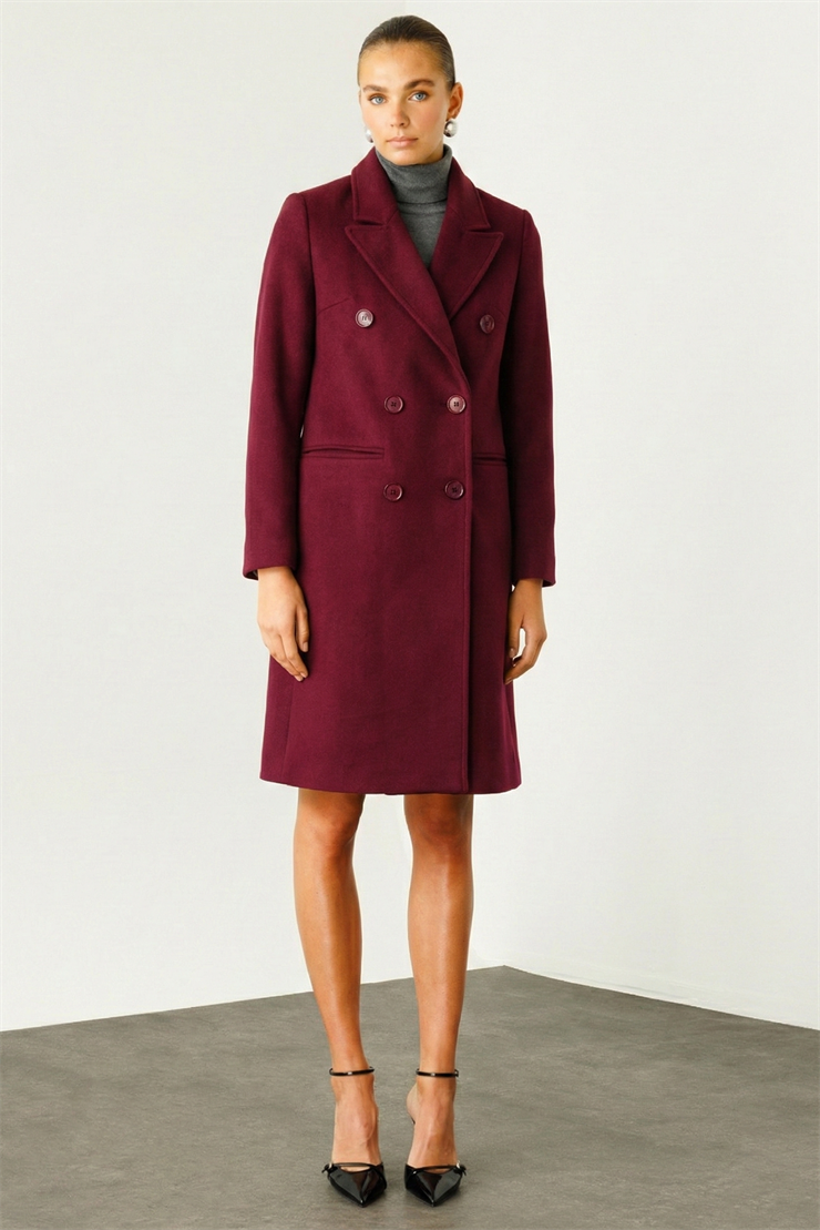 Modailgi  Mono Yaka Fleto Cepli Kruvaze Kaşe Kaban Bordo