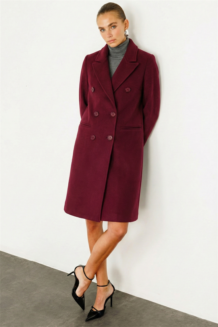 Modailgi  Mono Yaka Fleto Cepli Kruvaze Kaşe Kaban Bordo