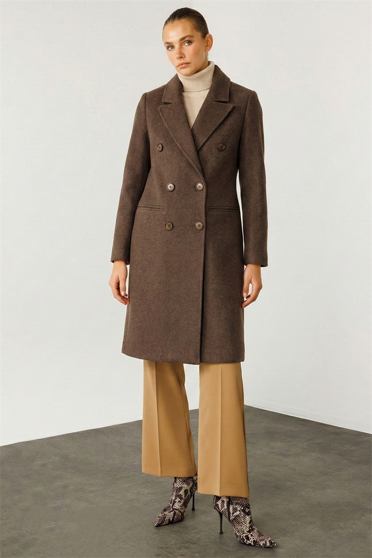 Modailgi  Mono Yaka Fleto Cepli Kruvaze Kaşe Kaban Kahve