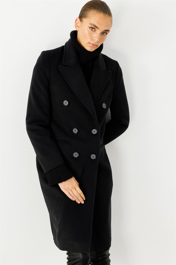 Modailgi  Mono Yaka Fleto Cepli Kruvaze Kaşe Kaban Siyah