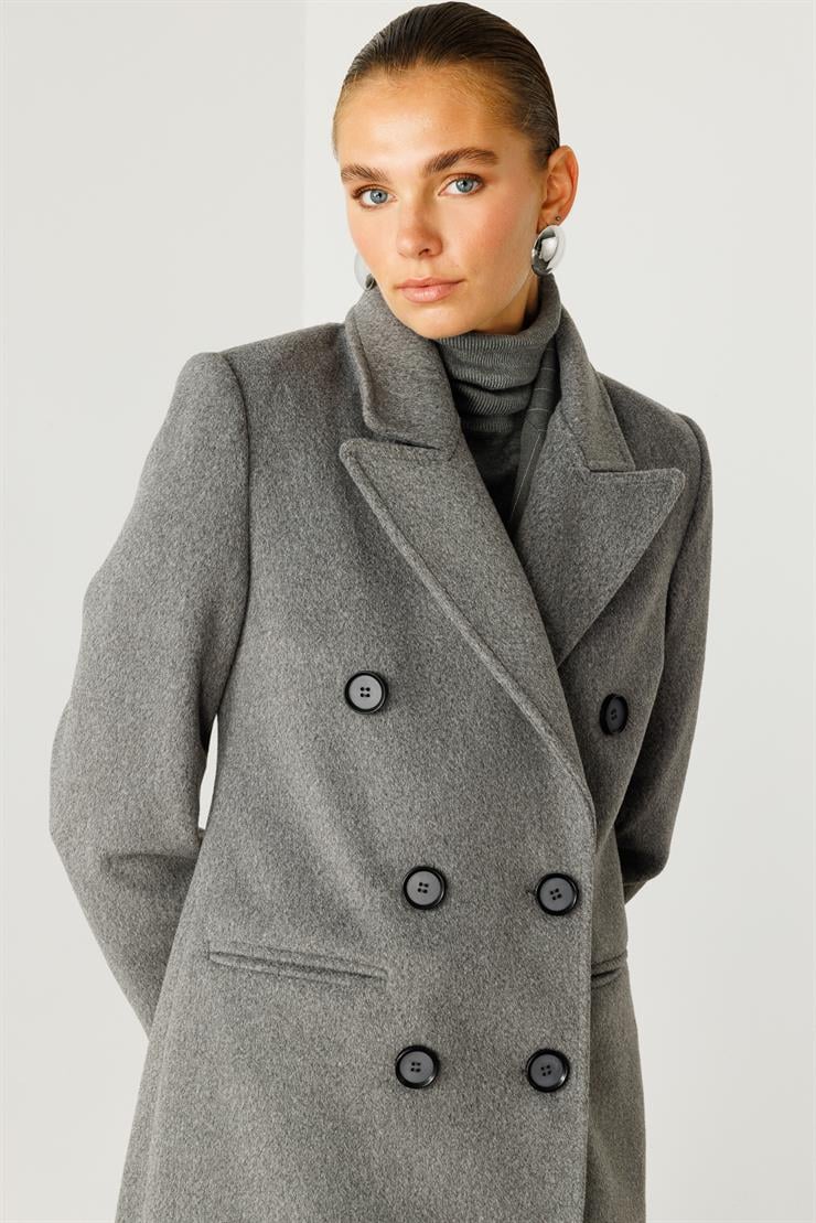 Modailgi  Mono Yaka Fleto Cepli Kruvaze Kaşe Kaban Gri