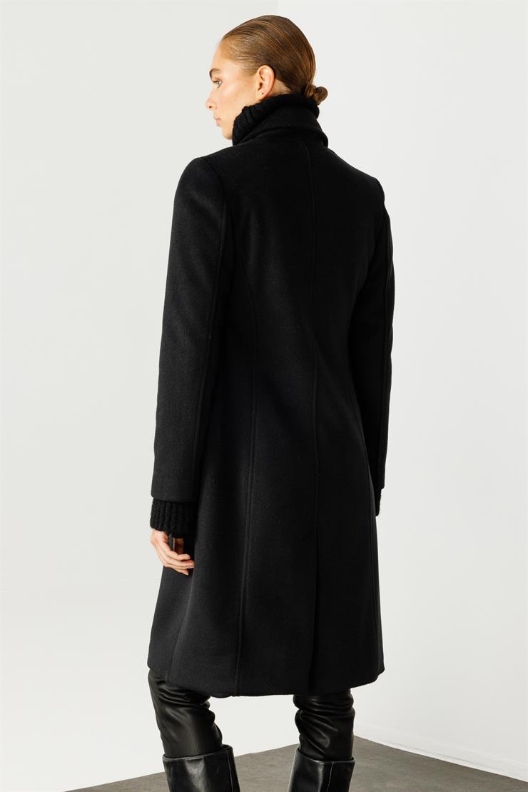 Modailgi  Mono Yaka Fleto Cepli Kruvaze Kaşe Kaban Siyah