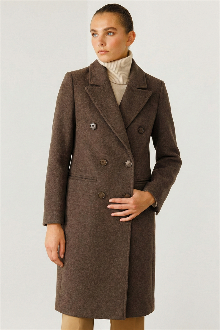 Modailgi  Mono Yaka Fleto Cepli Kruvaze Kaşe Kaban Kahve