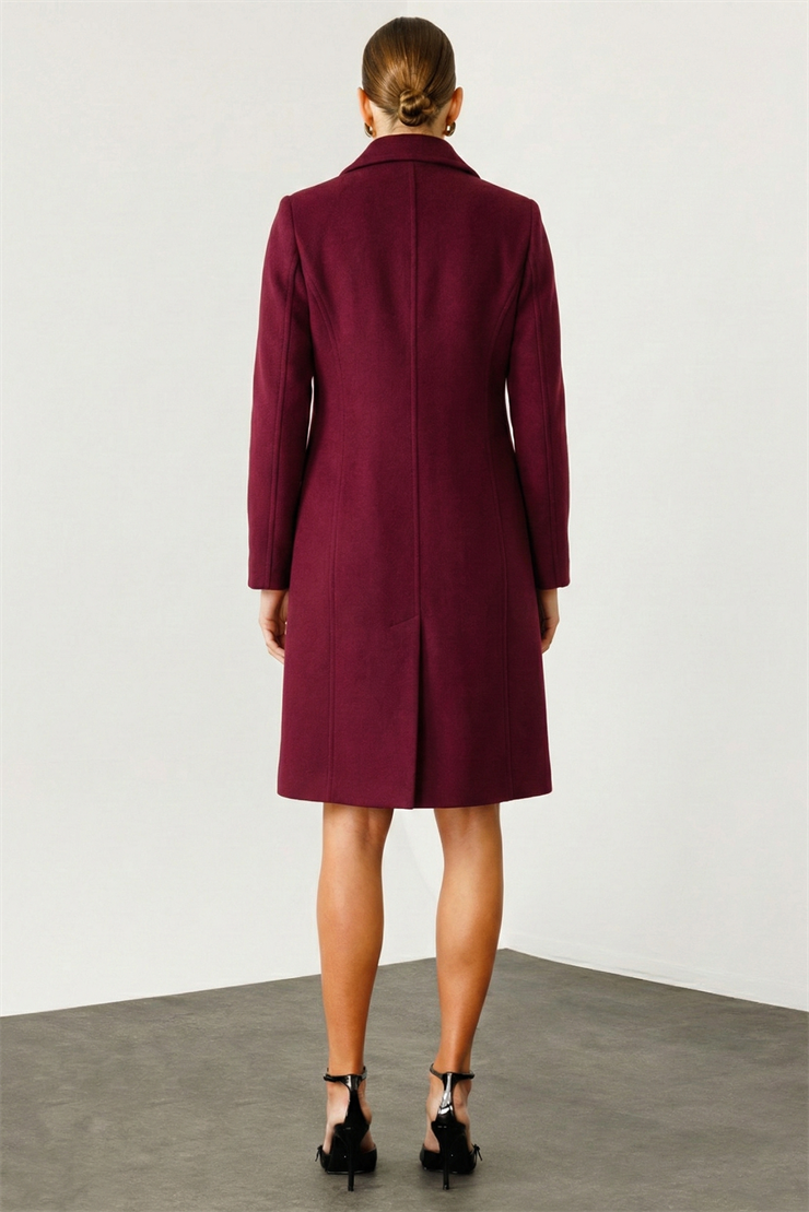 Modailgi  Mono Yaka Fleto Cepli Kruvaze Kaşe Kaban Bordo