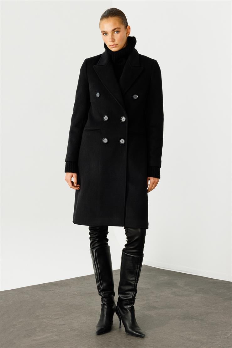 Modailgi  Mono Yaka Fleto Cepli Kruvaze Kaşe Kaban Siyah