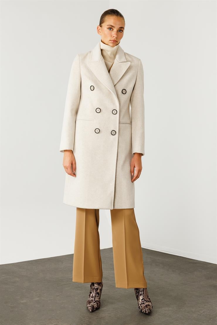 Modailgi  Mono Yaka Fleto Cepli Kruvaze Kaşe Kaban Kemik