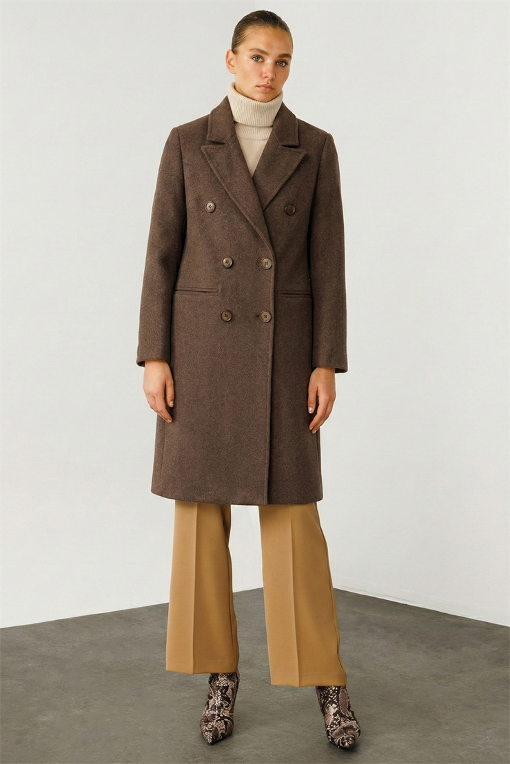 Modailgi  Mono Yaka Fleto Cepli Kruvaze Kaşe Kaban Kahve