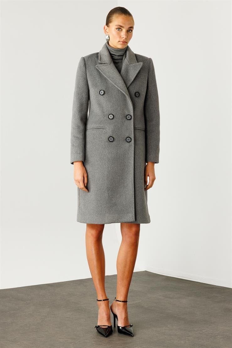 Modailgi  Mono Yaka Fleto Cepli Kruvaze Kaşe Kaban Gri