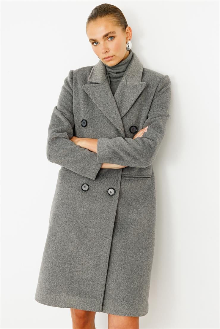 Modailgi  Mono Yaka Fleto Cepli Kruvaze Kaşe Kaban Gri